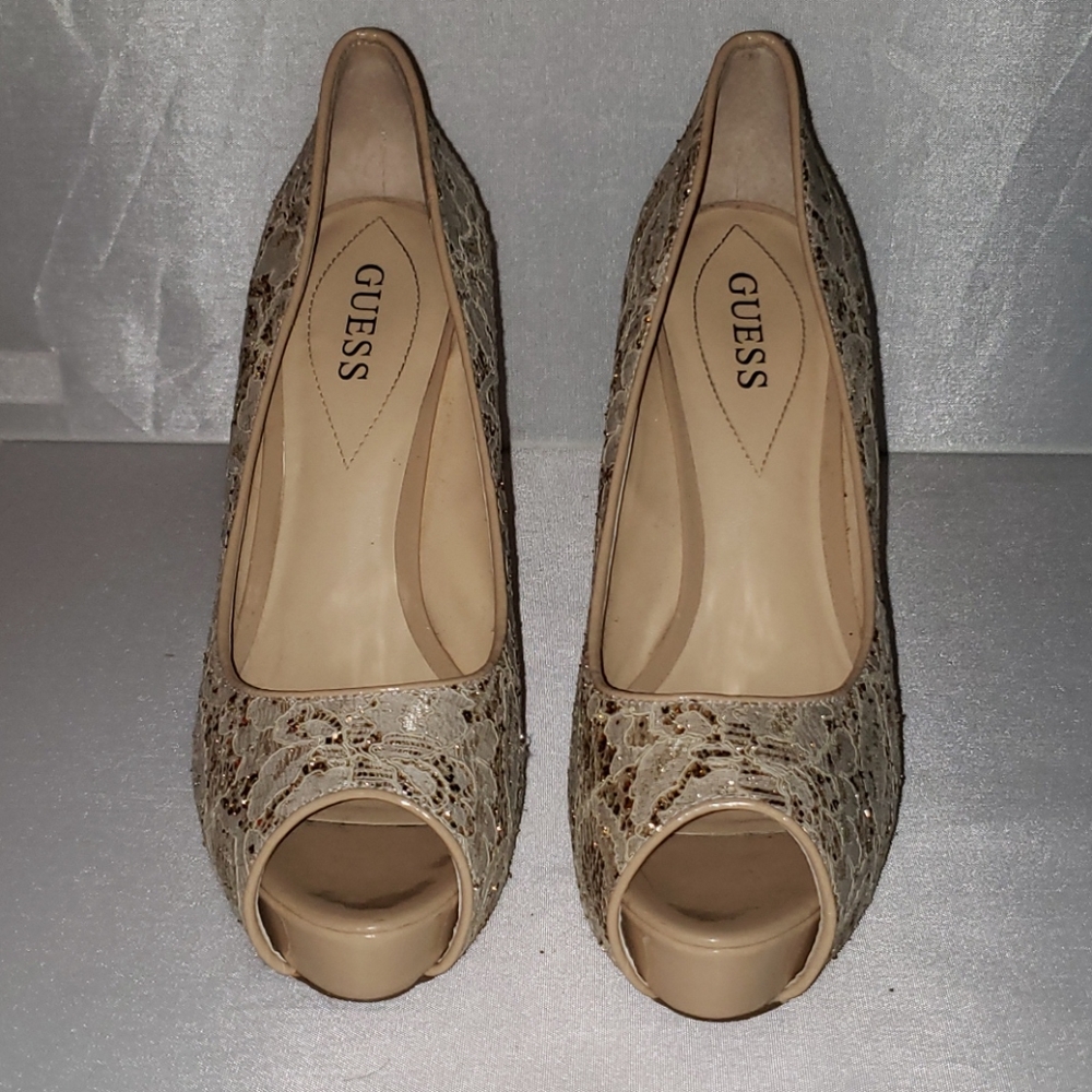 Guess Nude 8.5 M Heels with Lace and Gold Glitter